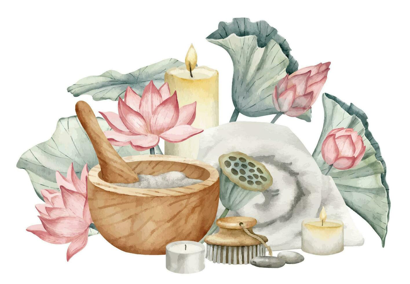 kropp vård spa kosmetisk med murbruk och handduk. hand dragen vattenfärg illustration med toalettartiklar och rosa lotus blommor på vit isolerat bakgrund. hudvård Produkter för massage salong ikon eller logotyp vektor