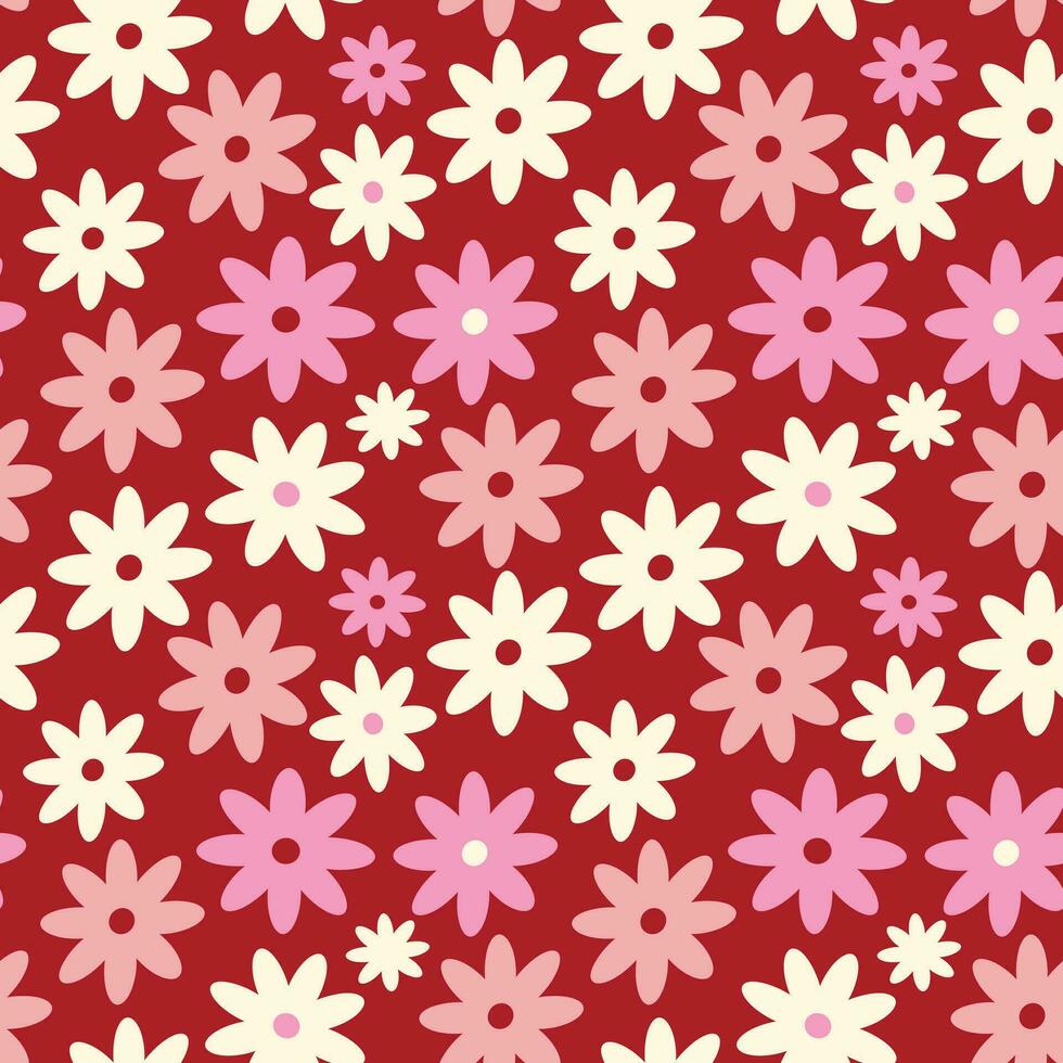 rot spielerisch stilisiert kreativ beschwingt schrullig retro Blumen- Muster im 60er Jahre im hell Rosa und rot saftig Farben vektor