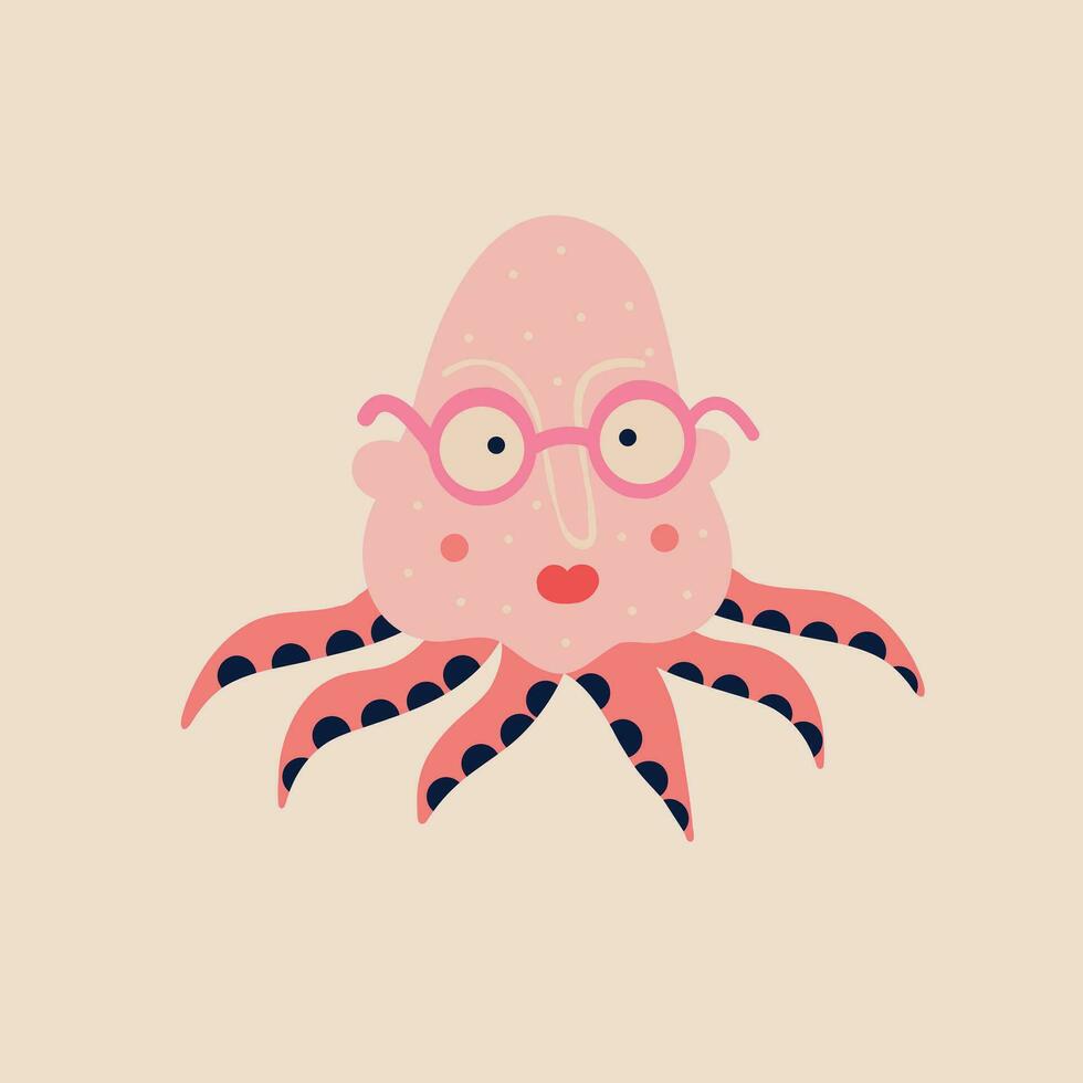 en knäppa bläckfisk med en söt ansikte i glasögon. illustration i en modern barns ritad för hand stil vektor