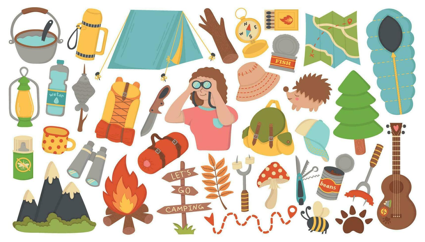 klotter platt vektor ClipArt. en uppsättning av tematiska illustrationer på de tema av camping, utomhus- rekreation. Allt objekt är målade om.