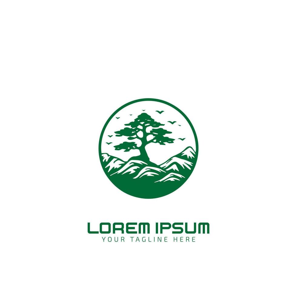 Berge mit Bäume Logo Symbol mit Vögel. Vektor Illustration