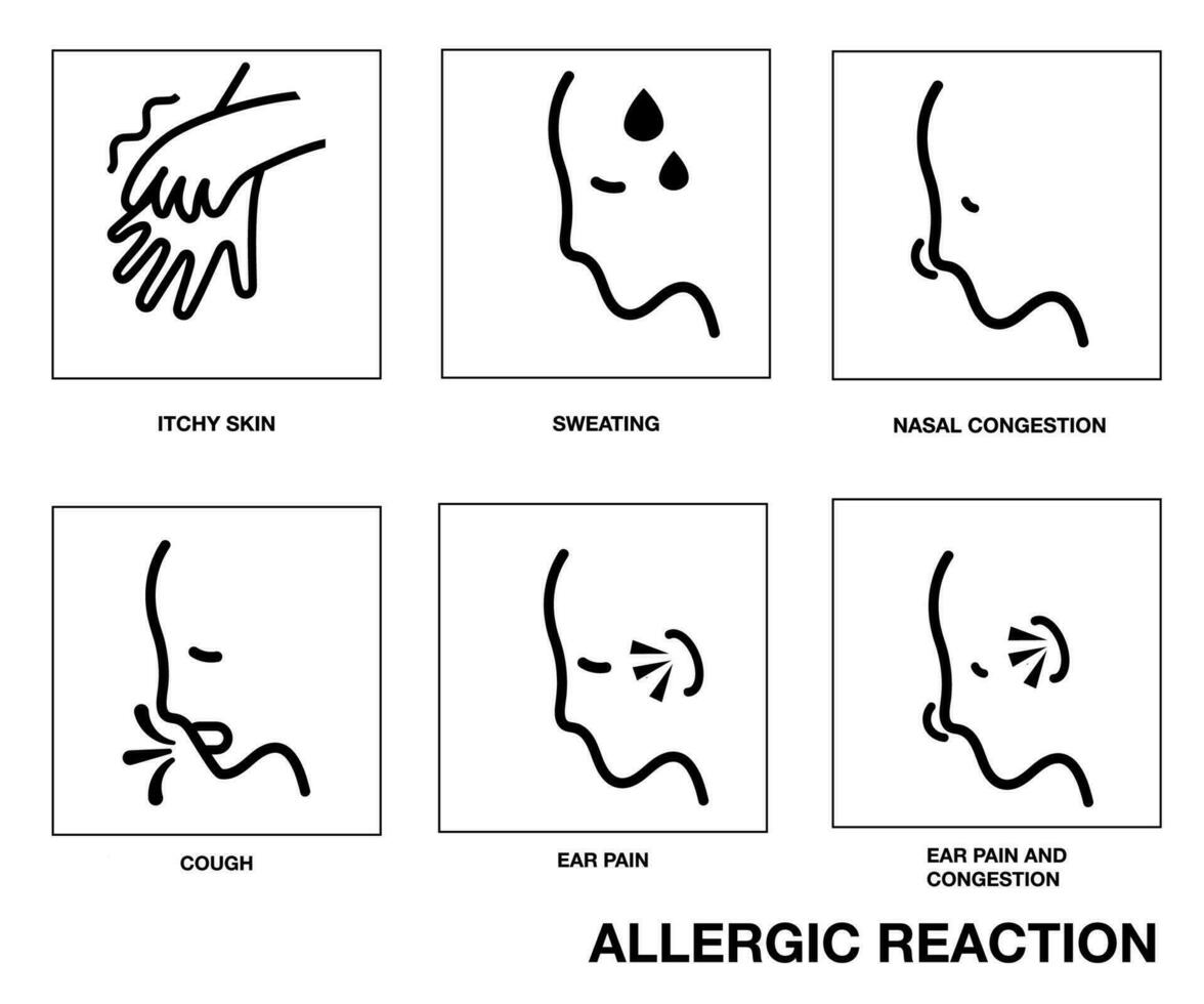 allergisch Reaktion und Droge Seite Auswirkungen juckend Haut , Haut Ausschlag, Joint Schmerz, Körper Schmerz, Niesen, flüssig Nase, Nasal- Stau, wund Kehle, Ohr Schmerzen Husten, Symbol vektor