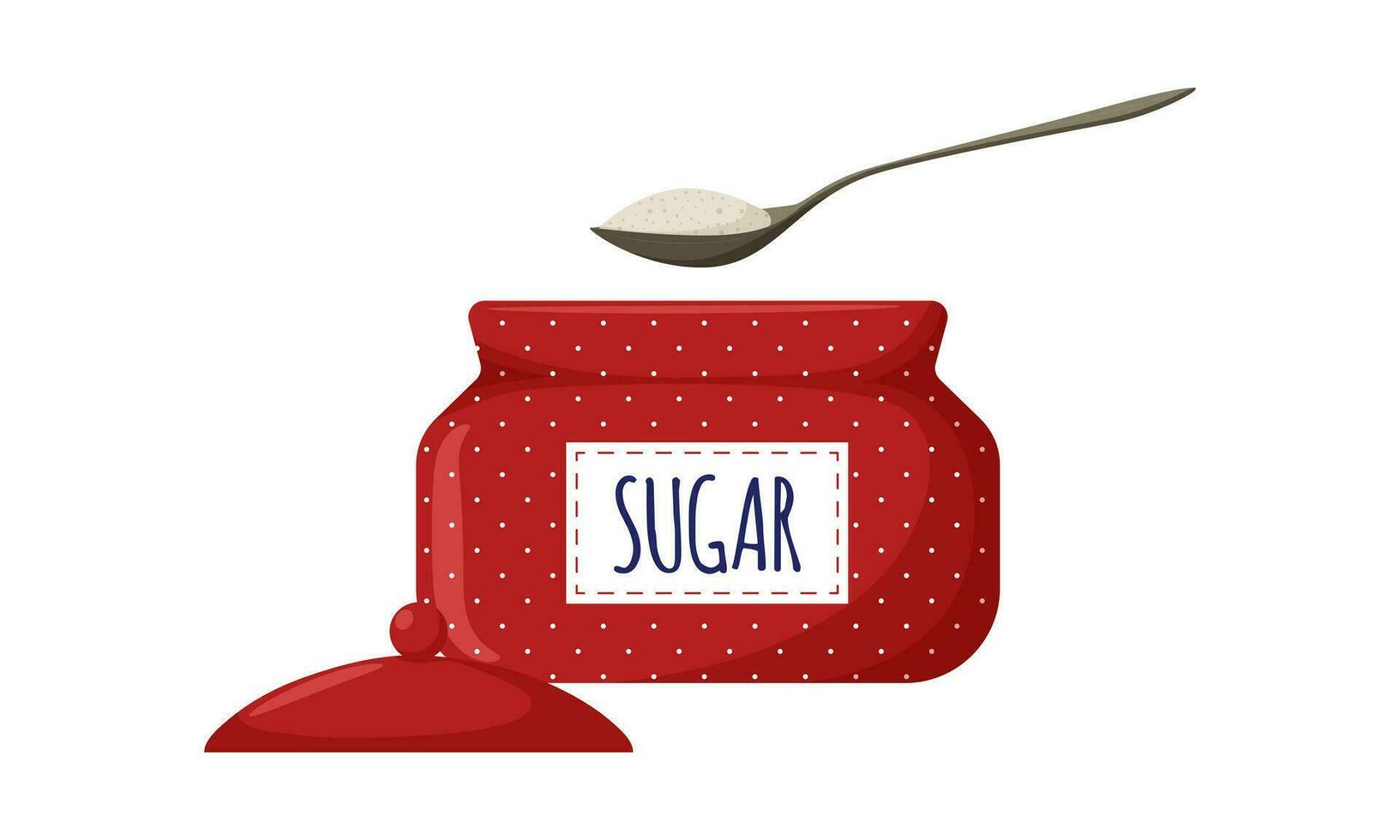 röd prickar socker skål med öppen lock och märka. socker i en sked. kök redskap, socker behållare. ljuv, ohälsosam, skadlig mat. illustration i tecknad serie platt stil. isolerat på vit bakgrund. vektor