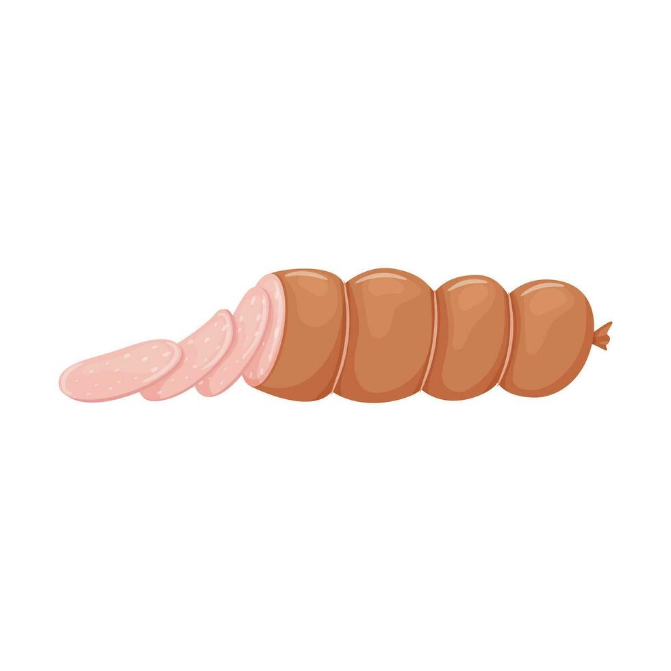 Rosa gekocht Wurst. Würstchen schneiden. Essen, fertig Fleisch Gericht. eben Stil. Farbe Vektor Illustration isoliert auf ein Weiß Hintergrund