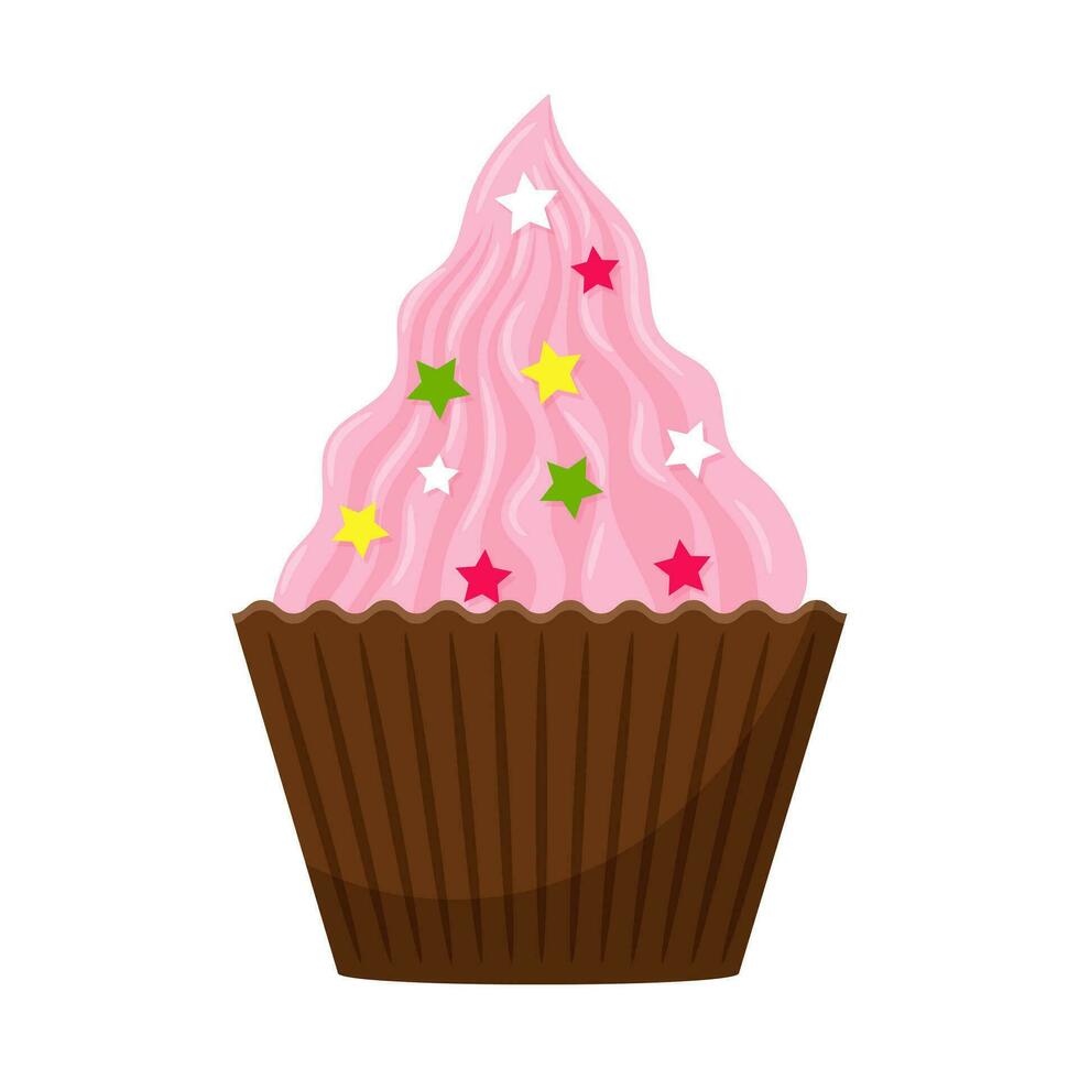 Cupcake, ein Kuchen mit Rosa Sahne und dekorativ Sträusel. süss, viele Kalorien, ungesund Essen, Nachtisch, behandeln. Farbe Vektor Illustration im Karikatur eben Stil. isoliert auf ein Weiß Hintergrund