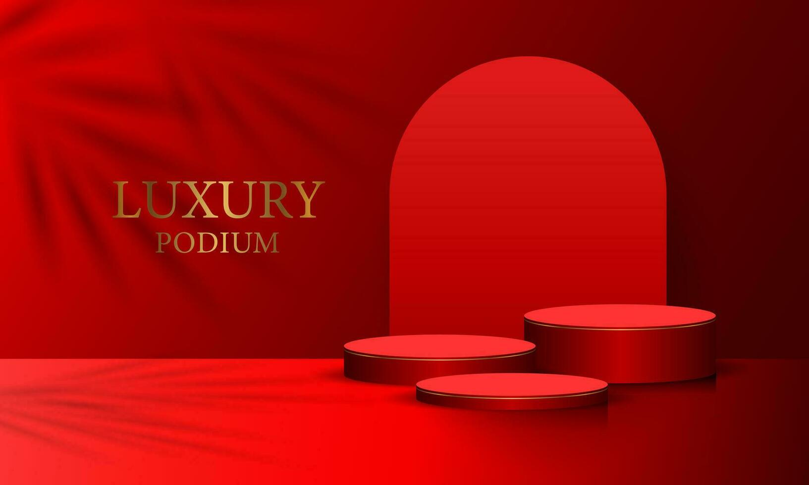 realistisch rot Zylinder 3d Zimmer Sockel Podium einstellen Palme Blatt Schatten Overlay minimal Szene Produkt Anzeige Präsentation Bühne zum Vitrine Vektor