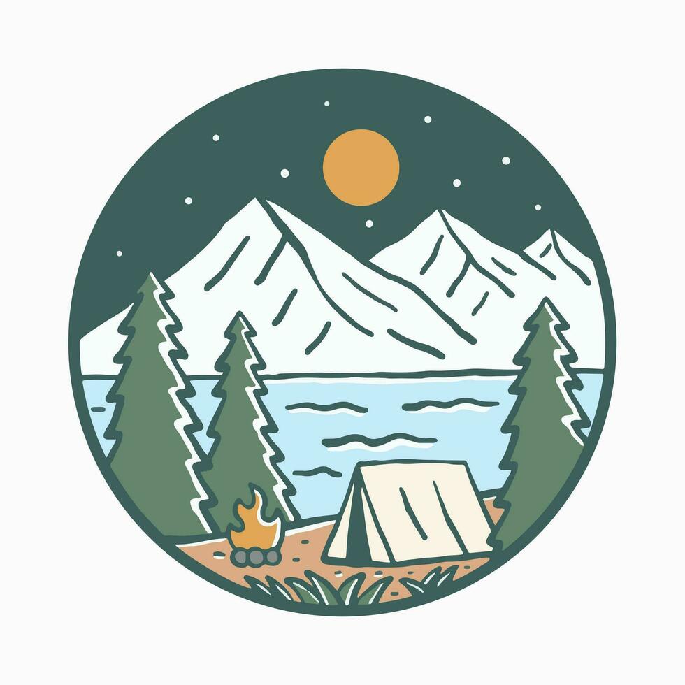 Lycklig camping nära flod och se av de natur berg design för bricka, klistermärke, t skjorta vektor illustration