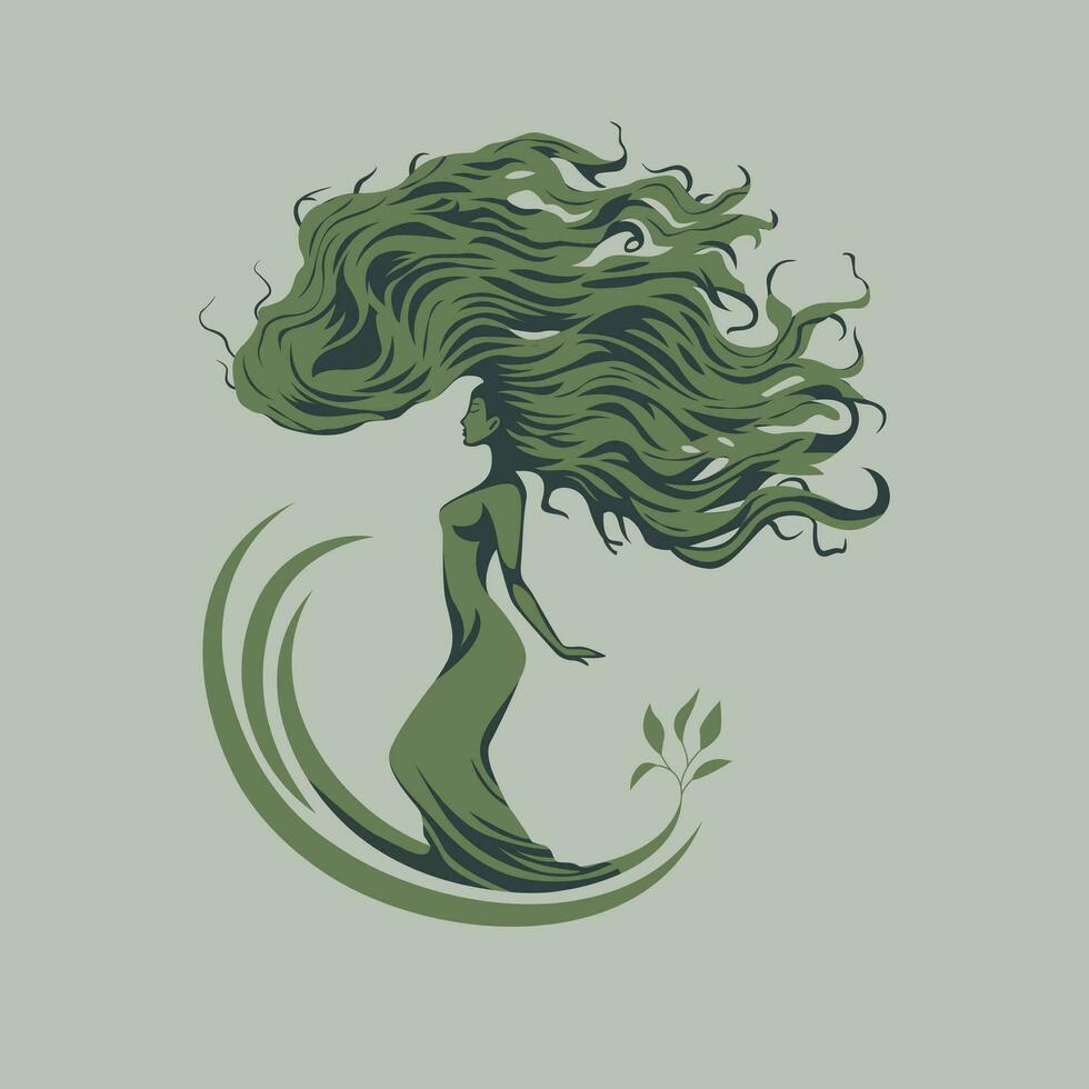 Frau im gestalten von Eiche Baum mit winken Haar. abstrakt Schönheit Industrie Vektor Logo Design. einzigartig Illustration.