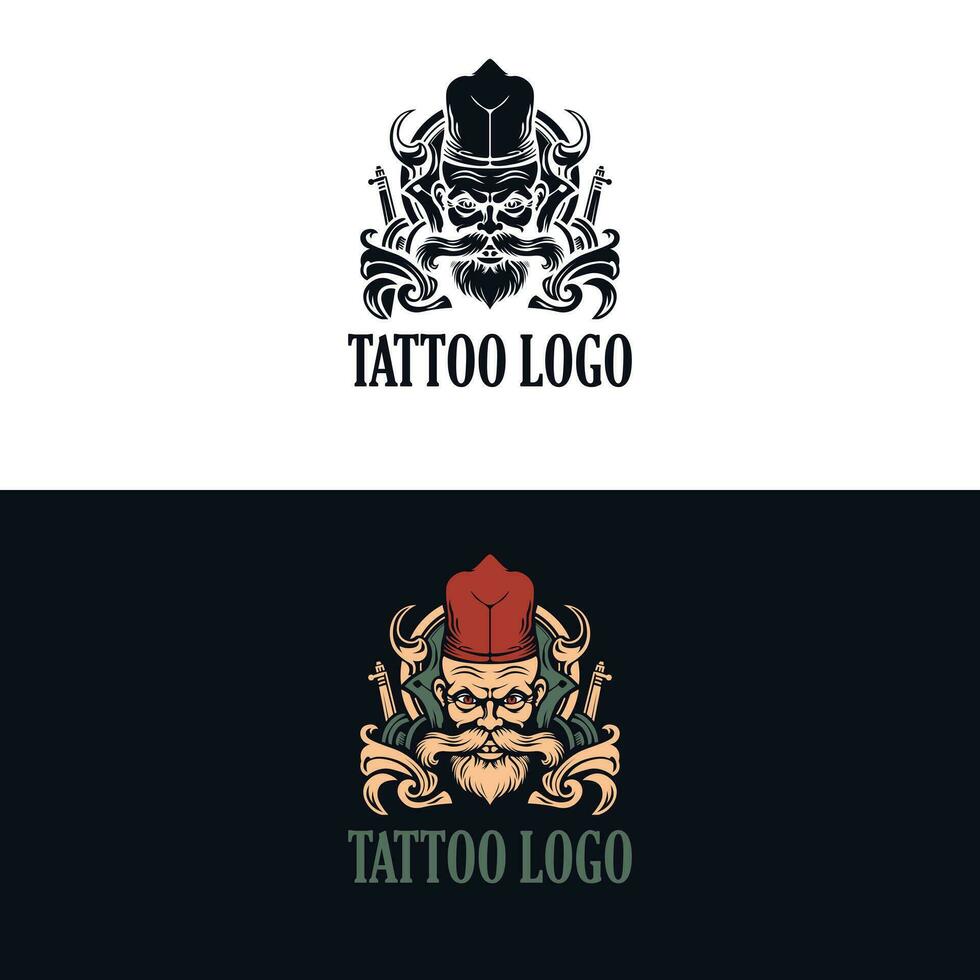 tatuering logotyp design. krigare i hatt och lång mustasch vektor mall.