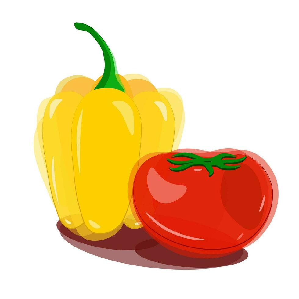 gul klocka paprikor med bdiches och en röd tomat med en grön svans och slingor i vattenfärg stil. vektor illustration av grönsaker för en sallad. eps10