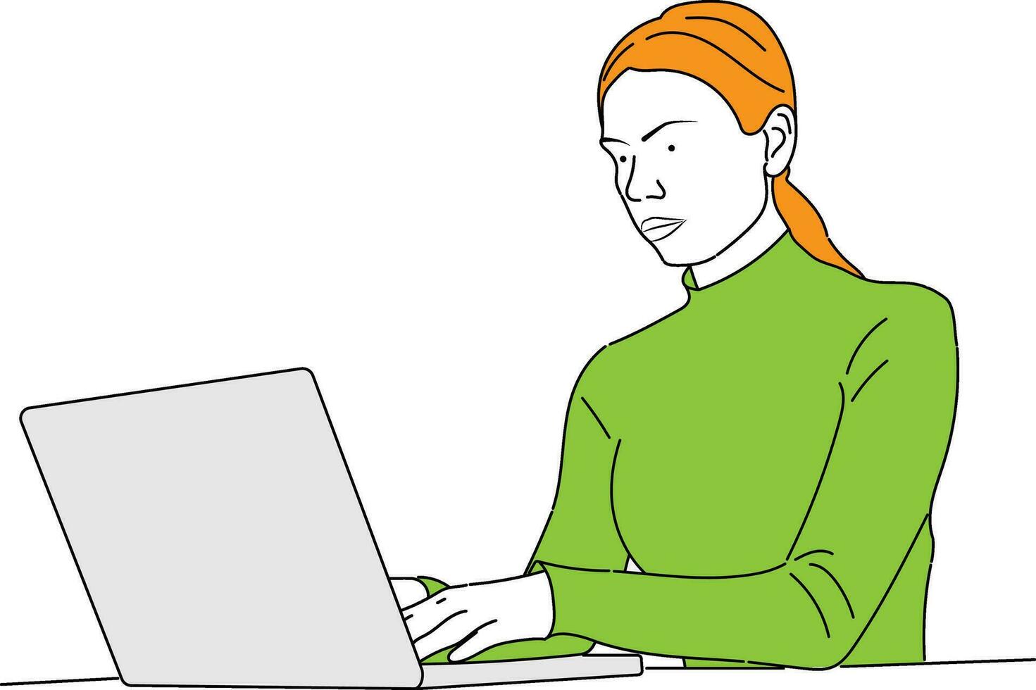 en affärskvinna är Sammanträde på en bärbar dator. de flicka är surfing de internet eller arbetssätt på en dator. vektor enda linje hand teckning skiss illustration.