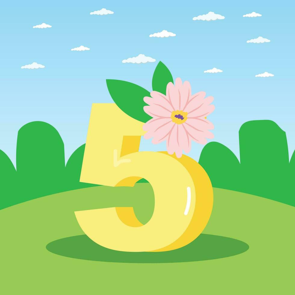 en tecknad serie siffra 5 med en blommig rosa blomma natur bakgrund vektor