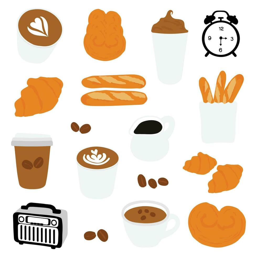 uppsättning av bageri ikon, bageri föremål, bröd Produkter för bageri och kaffe affär. vektor