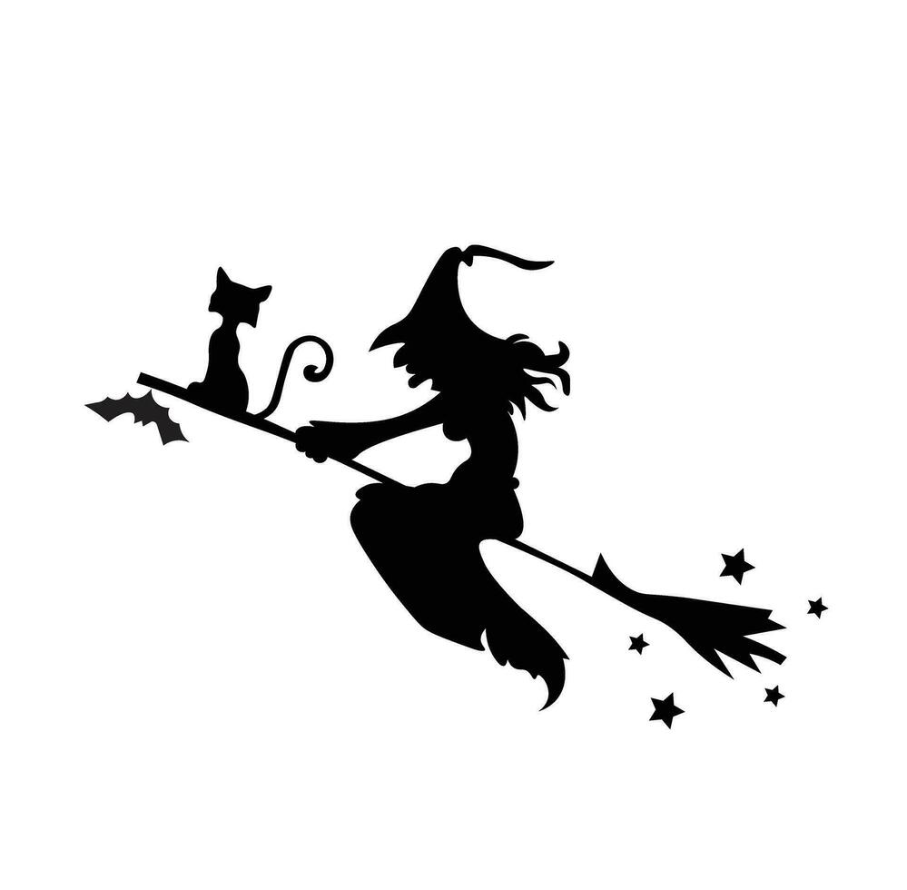Logo Design Illustration Vektor. Silhouette von ein Hexe Reiten ein Besenstiel. Schläger. Katze. Halloween Tag. geeignet zum Logos, Symbole, Poster, Gruß Karten, T-Shirt Entwürfe, Anzeige, Banner. vektor