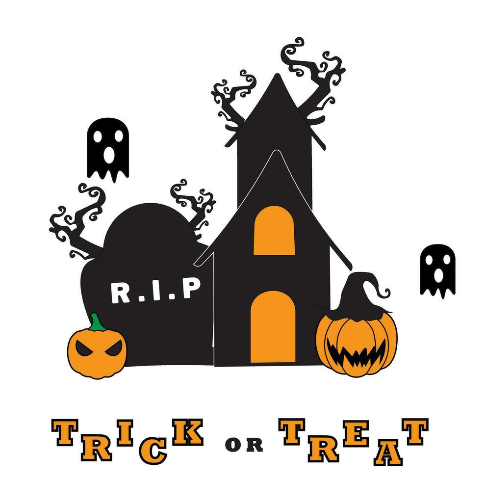 halloween lura eller behandla illustration vektor design med pumpa, besatt hus, och kyrkogård. lämplig för hälsning kort, logotyper, affischer, t-shirt mönster, annonser, företag, webbplatser, koncept