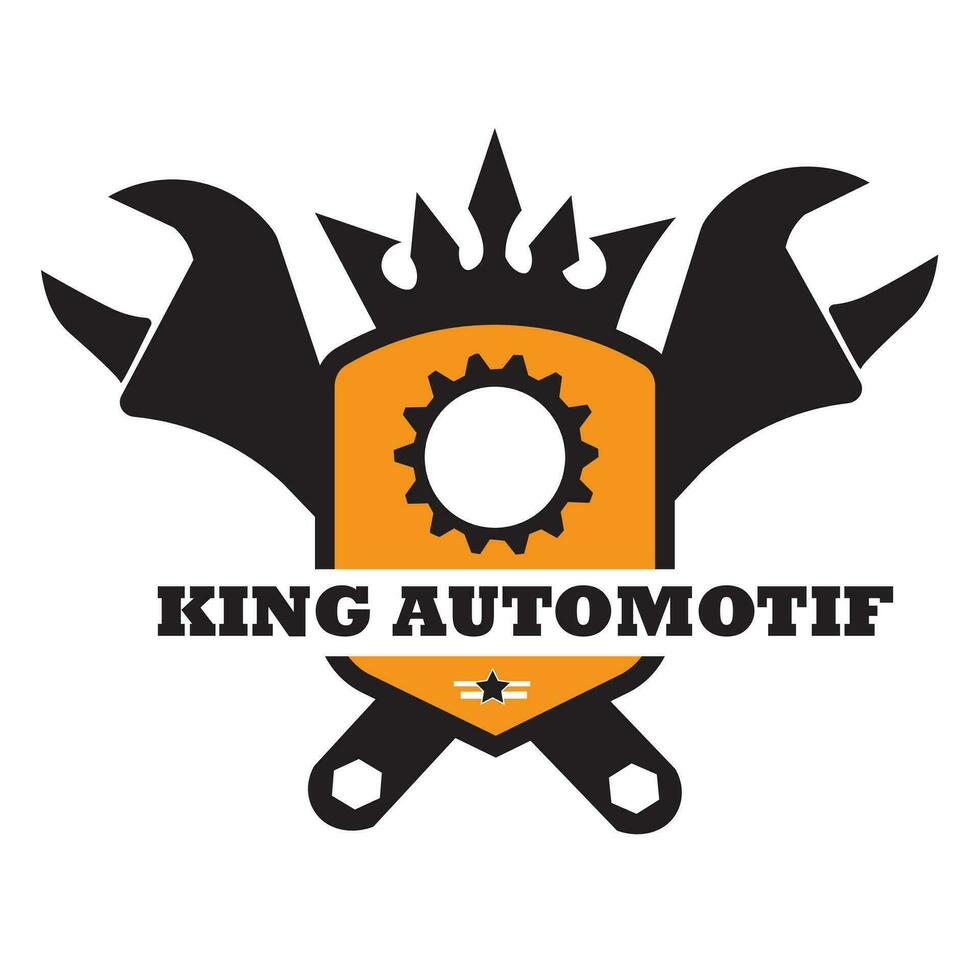 Automobil König isoliert Logo Illustration Vektor Design mit Zahnrad, Krone und Schlüssel. geeignet zum Logos, Webseiten, T-Shirt Entwürfe, Konzepte, Poster, Anzeige, Firmen.