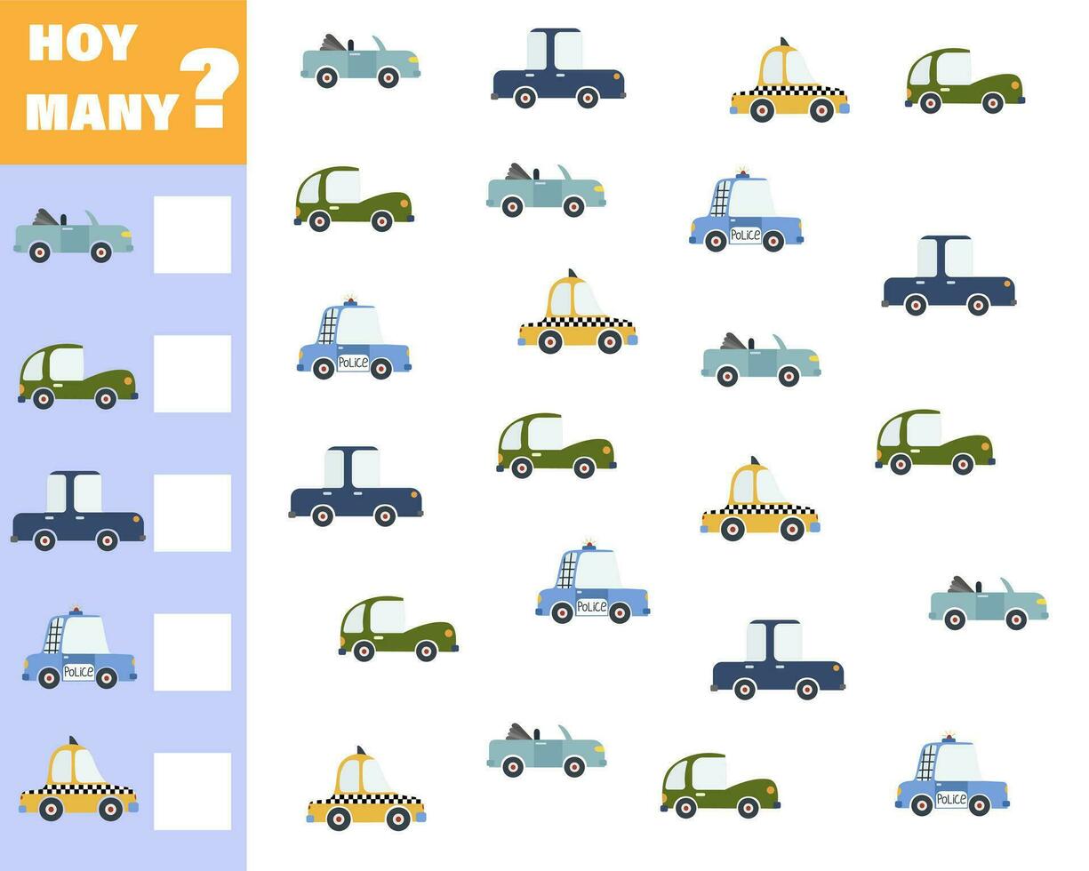 räkning spel för förskola barn. pedagogisk matematik spel. räkna på vilket sätt många bilar där är och skriva ner de resultat. vektor