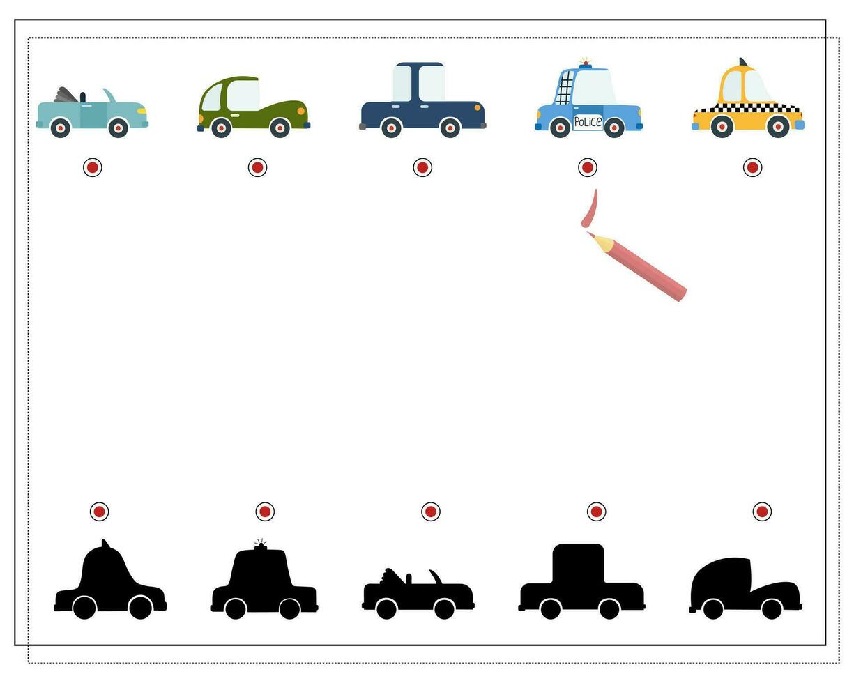 hitta de rätt skugga, ett pedagogisk spel för barn, tecknad serie bilar. vektor illustration på en vit bakgrund