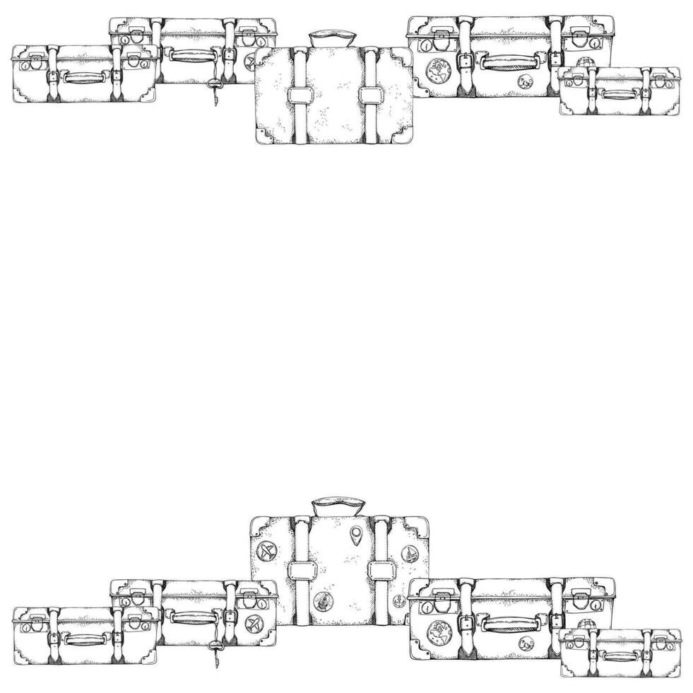 Tinte Hand gezeichnet Vektor Grafik skizzieren. Platz Rand rahmen. alt retro Jahrgang Leder Koffer Gepäck Gepäck. Design zum Tourismus, reisen, Broschüre, Broschüre, Hochzeit, Führung, drucken, Karte, Tätowierung.