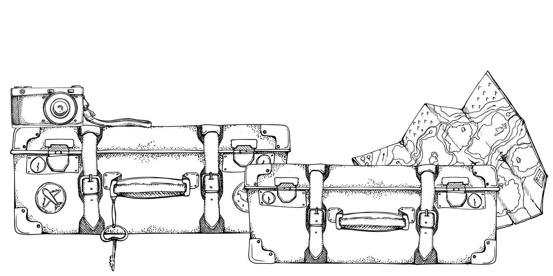 bläck hand dragen vektor skiss. illustration med uppsättning av retro årgång gammal resväskor bagage bagage med klistermärken, nyckel och Karta. design för turism, resa, broschyr, bröllop, guide, skriva ut, kort, tatuering