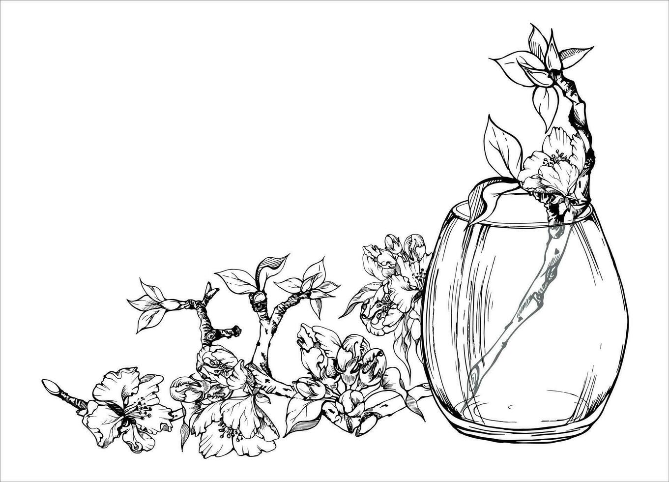 hand dragen bläck sammansättning med äpple blommor på gren med löv och glas flaska. isolerat på vit bakgrund. design för vägg konst, bröllop, skriva ut, tyg, omslag, kort, inbjudan. vektor