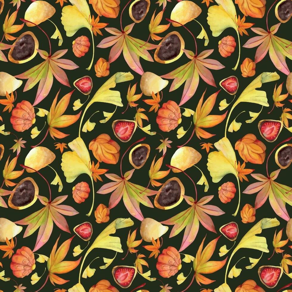Aquarell nahtlos Muster mit Hand gezeichnet traditionell japanisch Süßigkeiten. wagashi, mochi, Herbst Ahorn Blätter isoliert auf Farbe Hintergrund. Einladungen, Restaurant Speisekarte, Gruß Karten, drucken, Textil- vektor