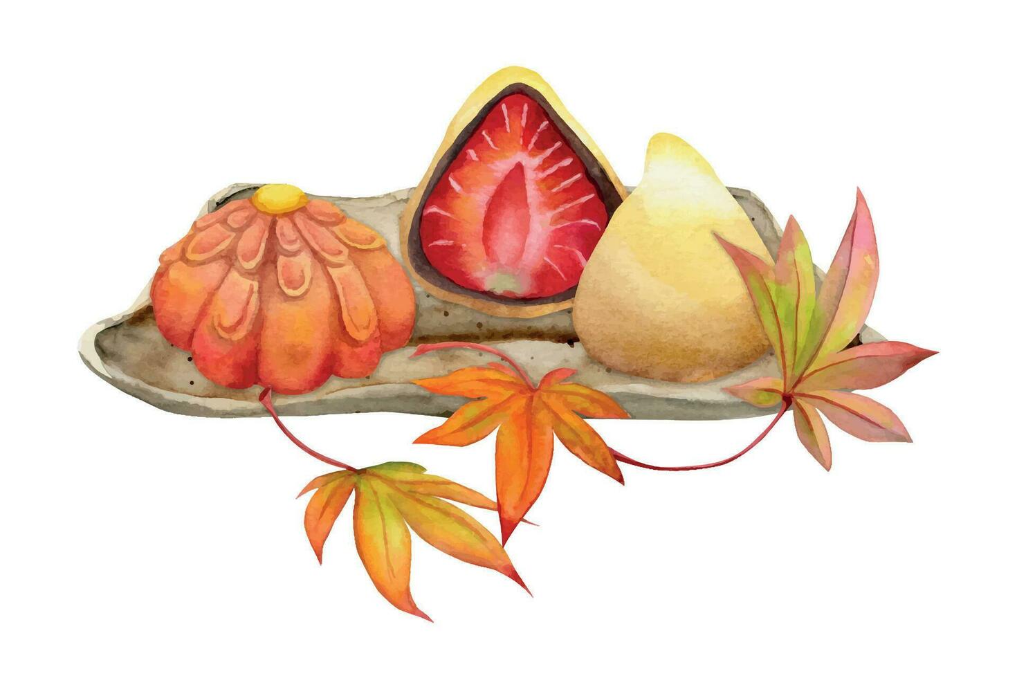 Aquarell Hand gezeichnet traditionell japanisch Süßigkeiten. Keramik Gericht, Herbst Neri-Kiri, mochi, daifuk. isoliert auf Weiß Hintergrund. Design zum Einladungen, Restaurant Speisekarte, Gruß Karten, drucken, Textil- vektor