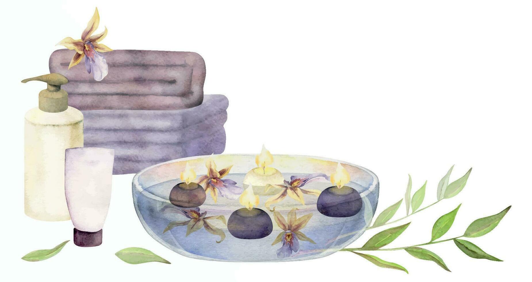 Hand gezeichnet Aquarell Spa und Bad Schönheit Produkte Zubehör schwebend Kerzen. horizontal Komposition. isoliert auf Weiß Hintergrund. Design zum Wellness Erholungsort, drucken, Stoff, Abdeckung, Karte, Broschüre. vektor