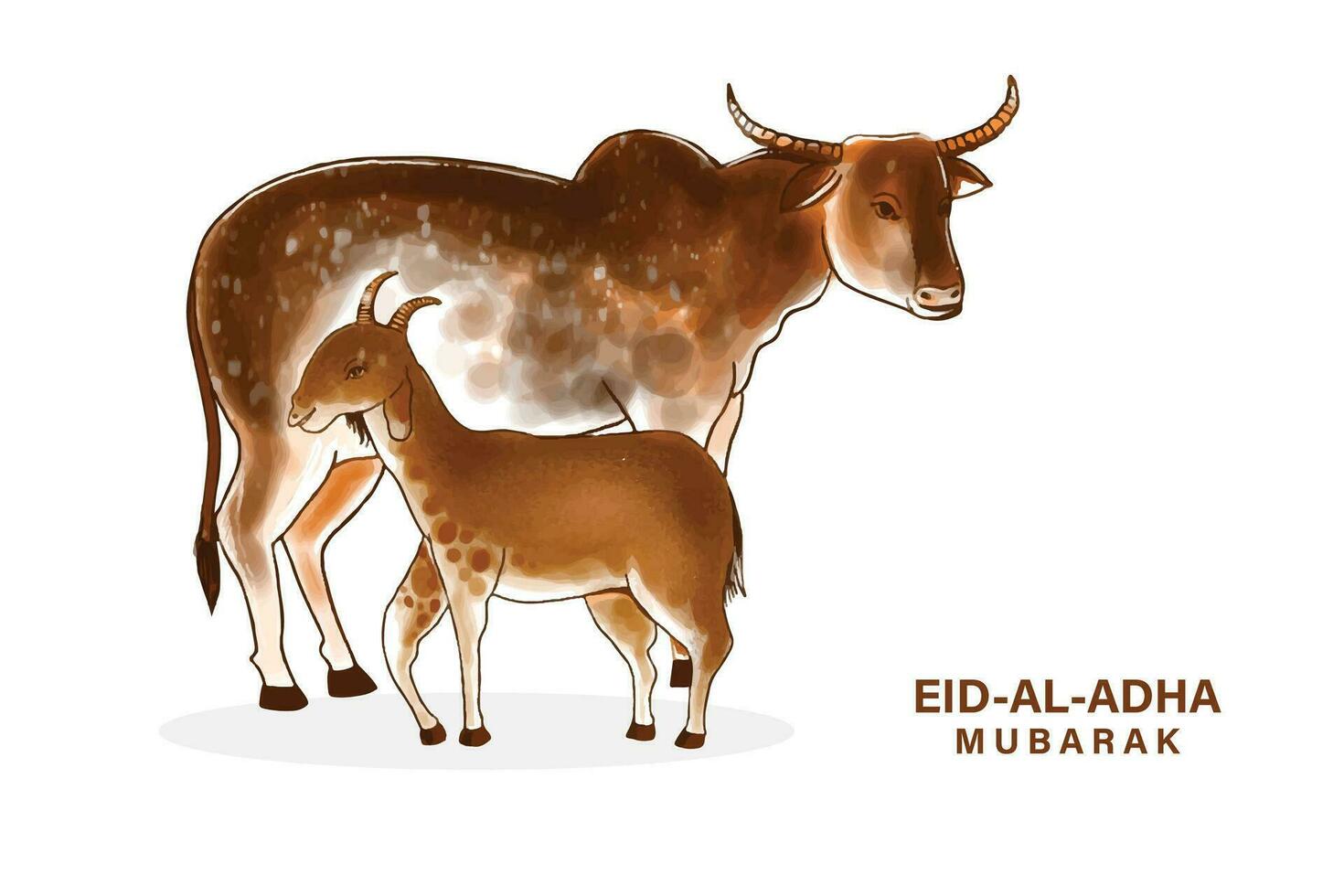 eid al Adha hälsning kort med get och ko vattenfärg design vektor