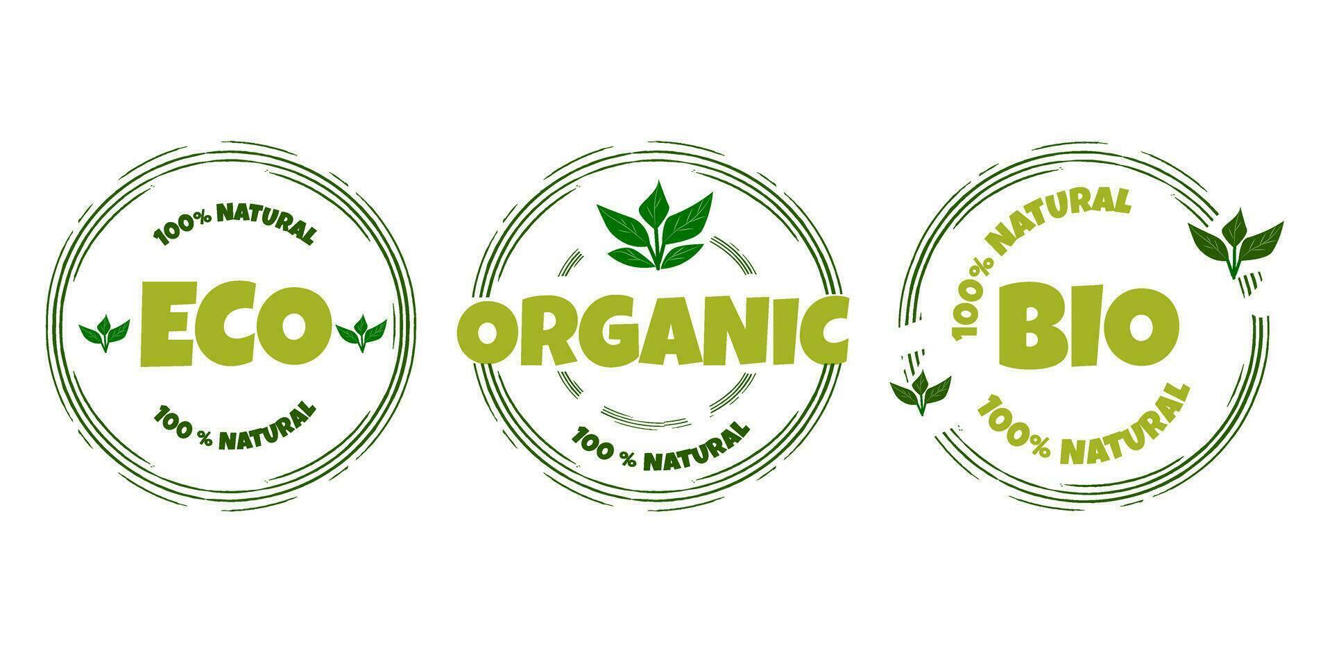 Öko, bio, organisch und natürlich Produkte Aufkleber, Vektor Etikett, Abzeichen und Logo. Ökologie Symbol. Logo Vorlage mit Grün Blätter zum organisch und Öko freundlich Produkte.