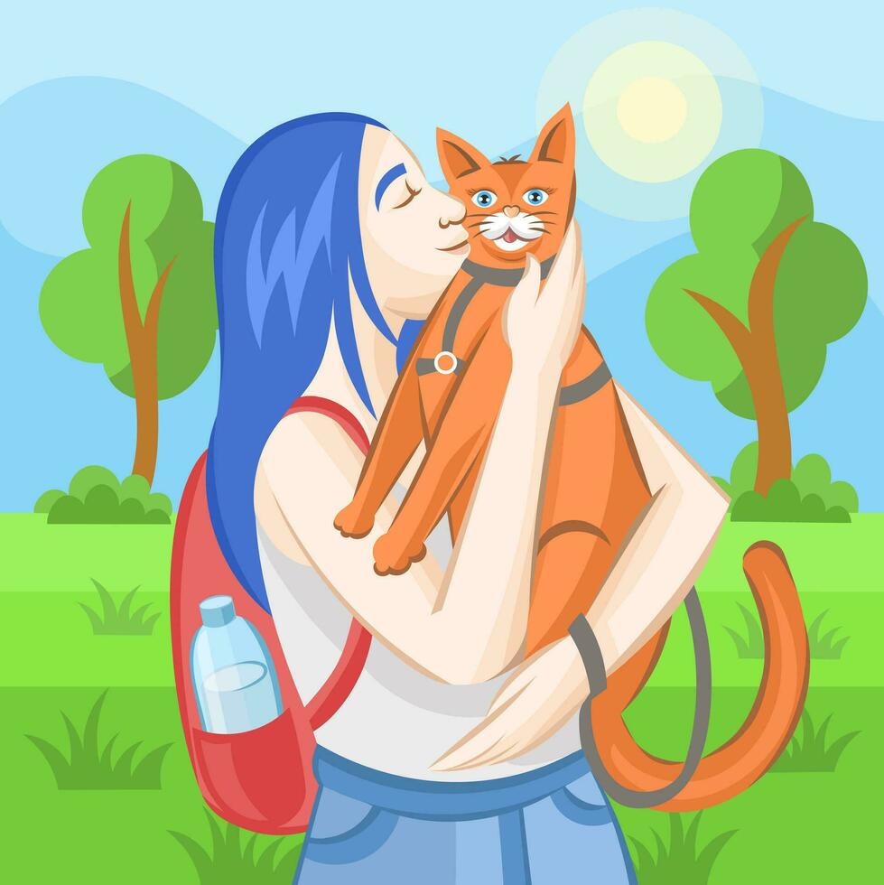 blauhaarig Mädchen mit rot Rucksack Petting Ingwer Katze im grau Haustier Leine während draußen Gehen im Stadt Park mit Bäume, Gras und sonnig Himmel - - Vektor Illustration