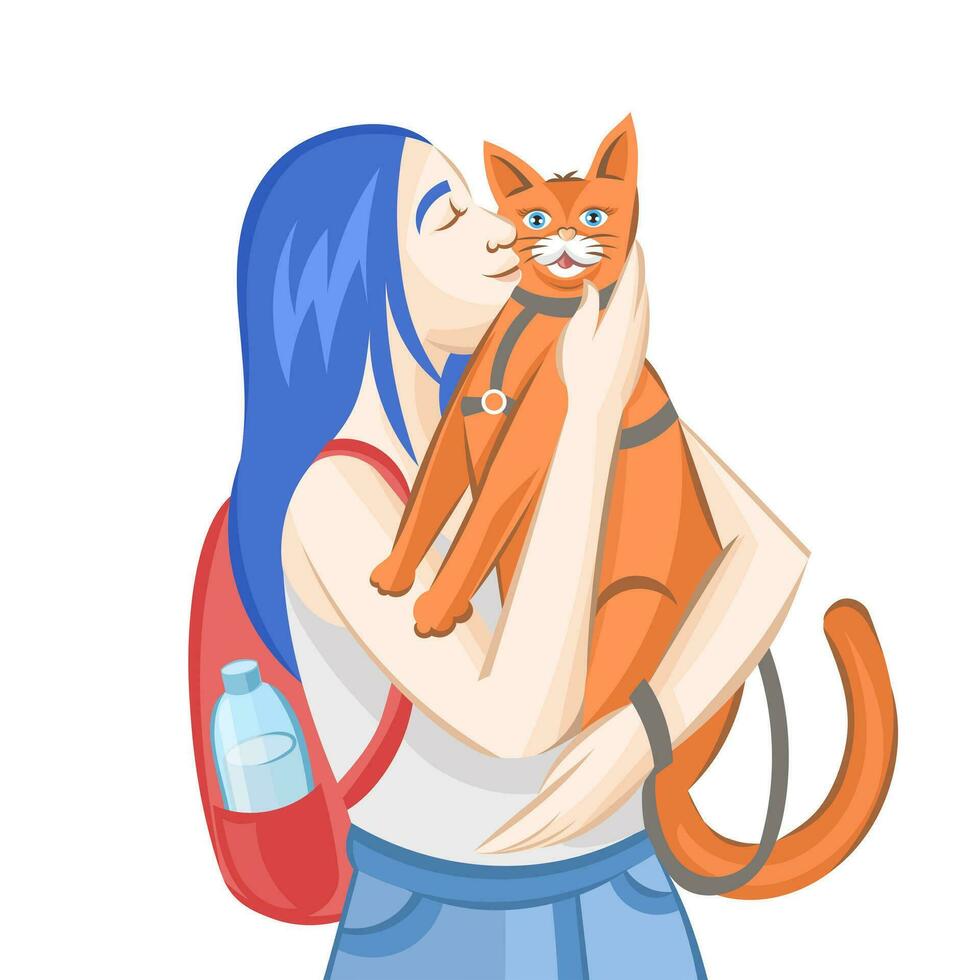 blauhaarig Mädchen mit rot Rucksack Petting Ingwer Katze im grau Haustier Leine während draußen Gehen auf Weiß Hintergrund - - Vektor Illustration