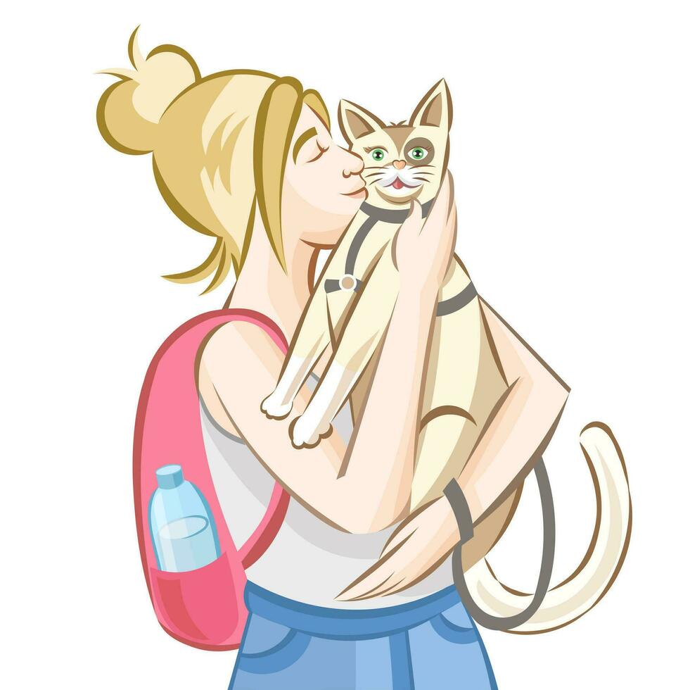 blond flicka med rosa ryggsäck petting blond katt i grå sällskapsdjur koppel under utanför gående på vit bakgrund - vektor illustration