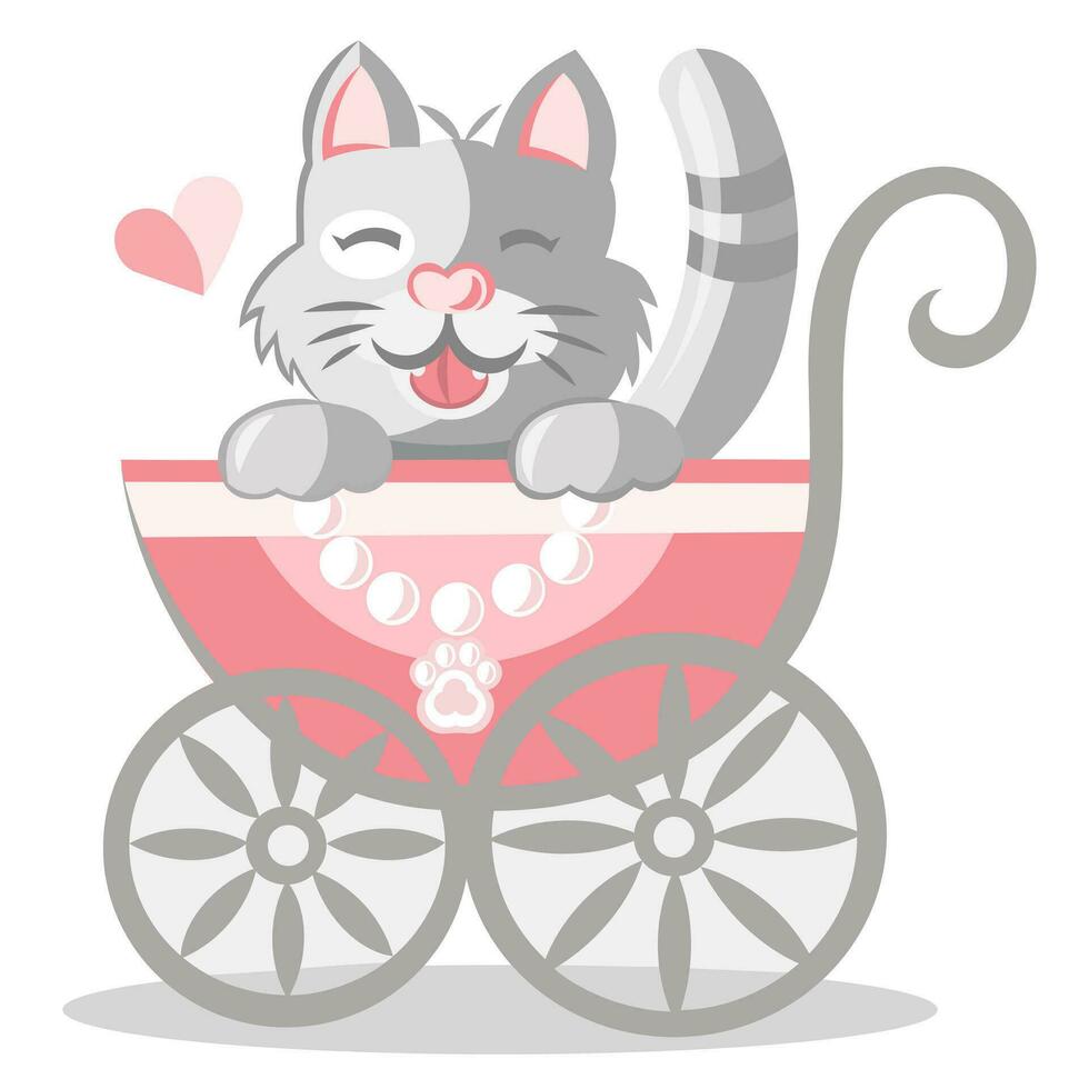 Süss grau Pussycat Baby im Rosa Kind Kinderwagen mit winzig Pfote Anhänger. farbig Vektor Illustration