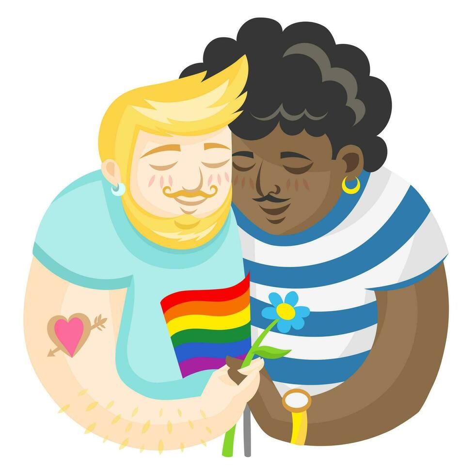 HBTQ Pojkar i kärlek innehav regnbåge flagga och blomma - vektor illustration. HBTQ stolthet Gay och lesbisk begrepp