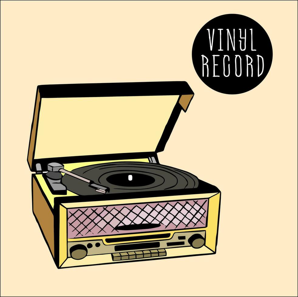 modern skivspelare med vinyl spela in. ljud inspelning Utrustning i trä- fall, i de retro stil av de 60-tal. vinyl musik spelade på de skivspelare vektor