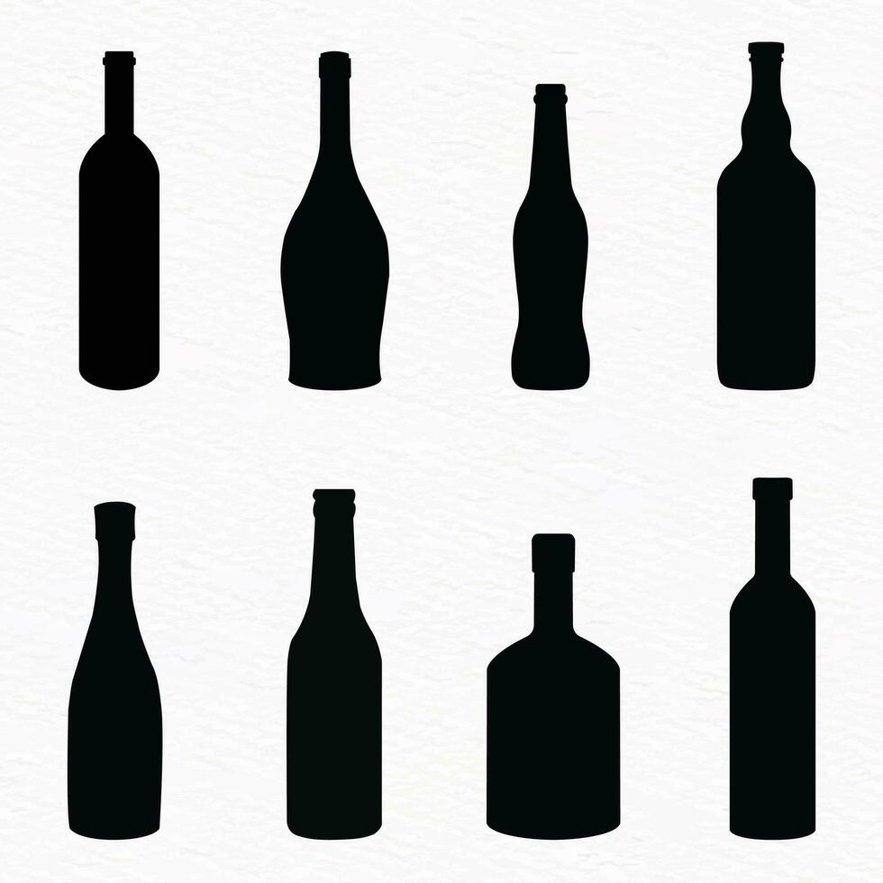 silhuett uppsättning av alkohol flaska Inklusive vin, öl, champagne, vodka, dryck, cocktail, whisky, brandy, rom vektor