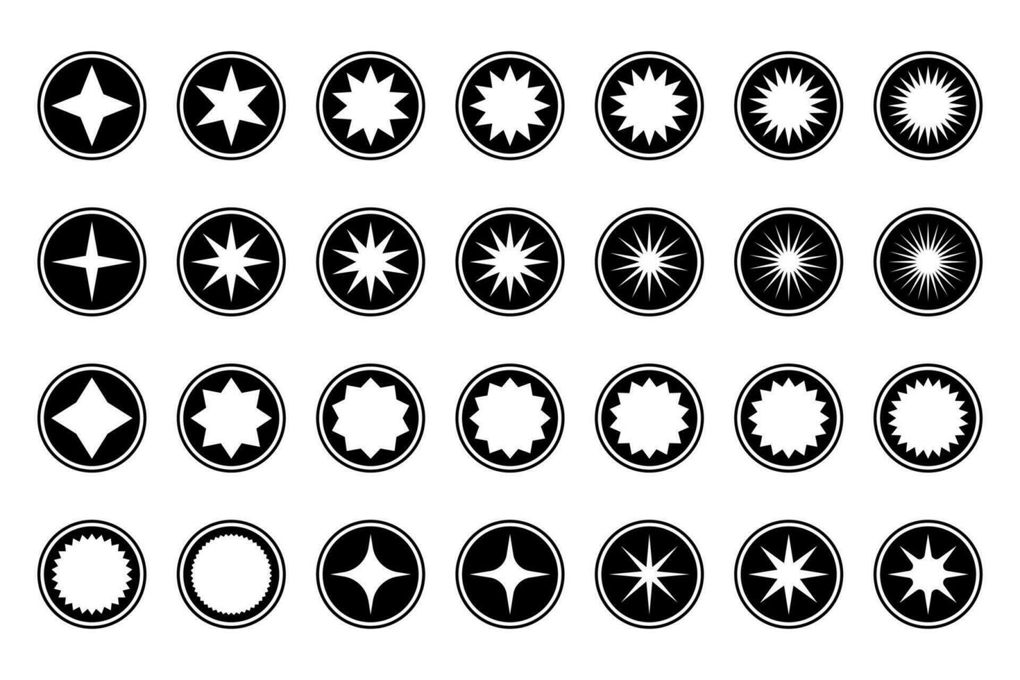 stjärna märken. starburst ikoner. platt runda logotyper. dekorativ starry former. vektor illustration.