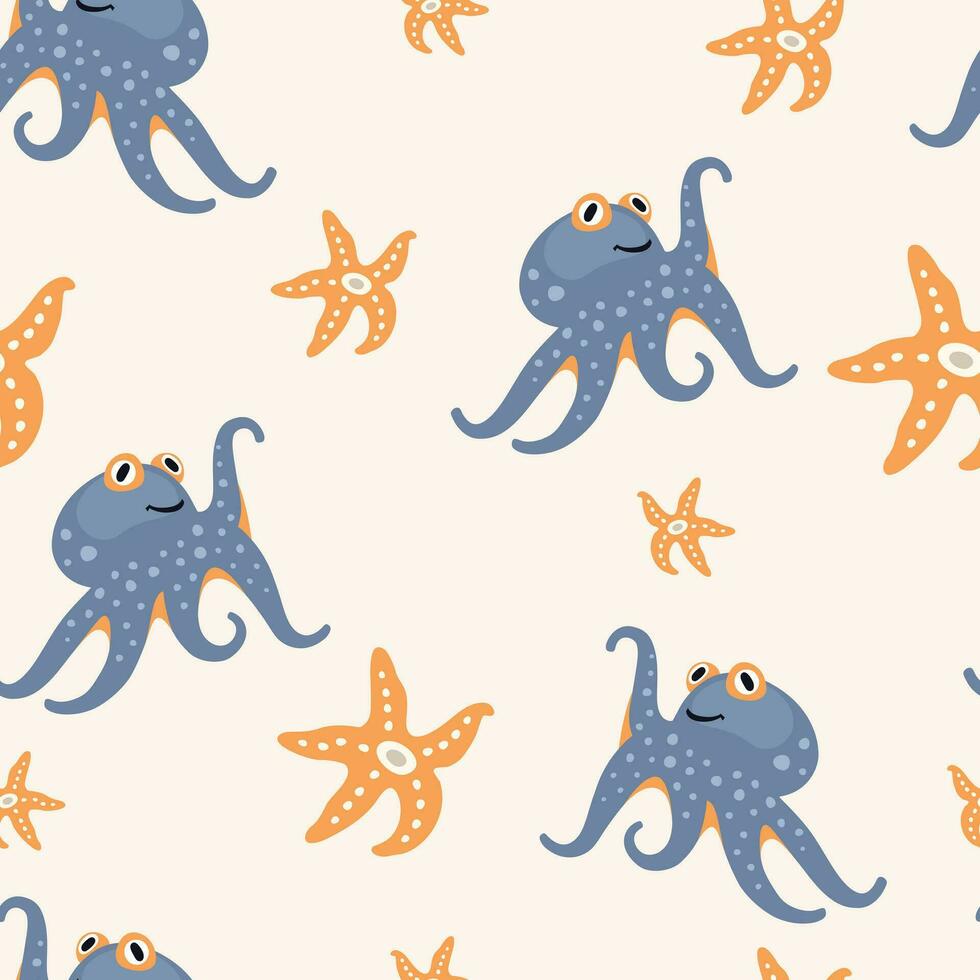 sömlös mönster med blå bläckfiskar och sjöstjärna, vektor illustration i platt stil för barns design.