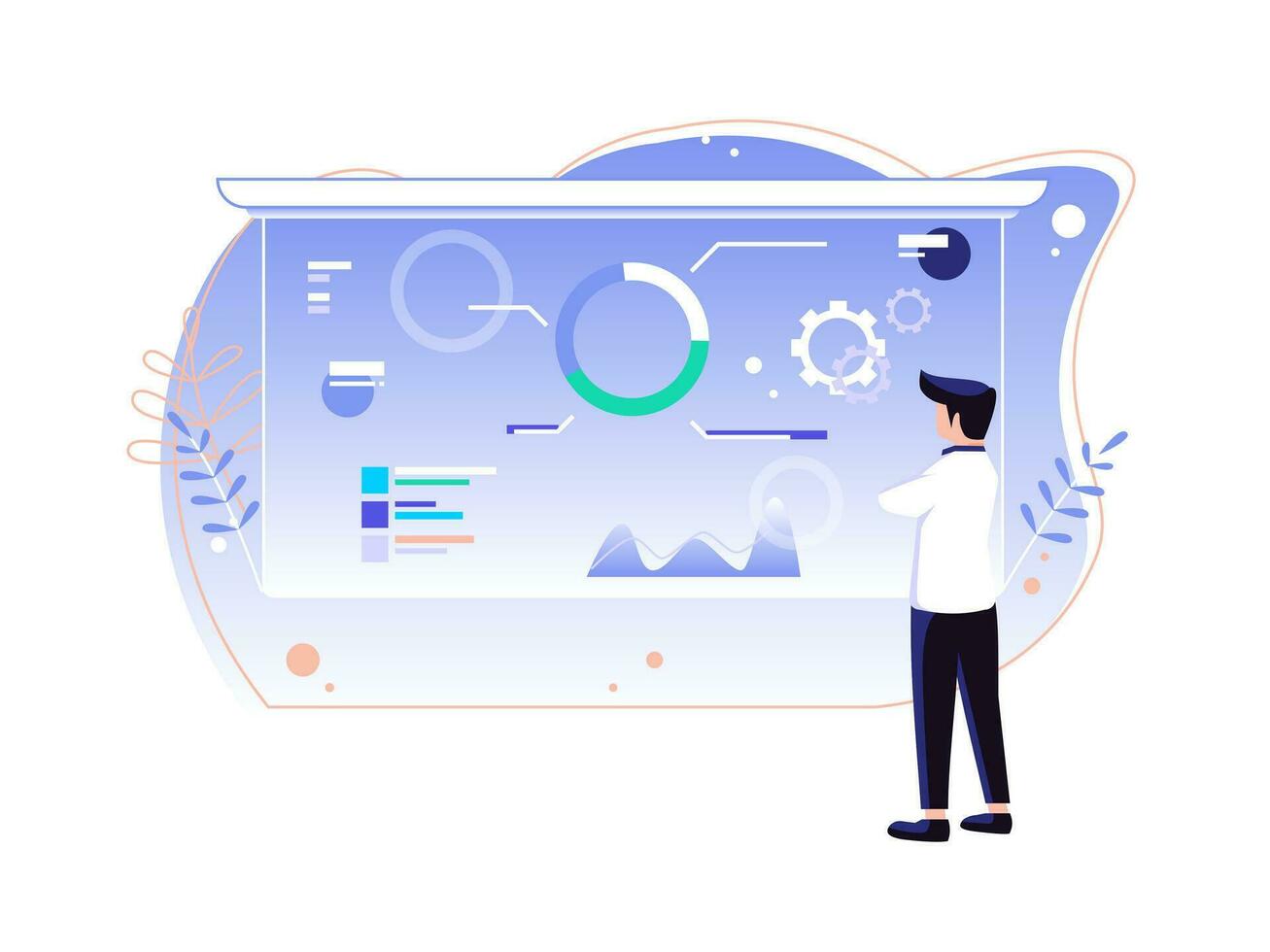 Unternehmen statistisch Geschäft Konzept. Geschäftsleute Stehen im Vorderseite von ein groß Bildschirm. modern Vektor Illustration. benutzt zum Sozial Medien, Netz, Plakate.