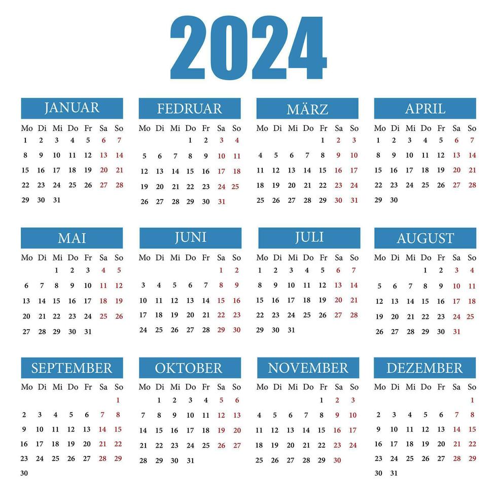 Kalender im Deutsche zum 2024. das Woche beginnt von Montag. Vektor Illustration