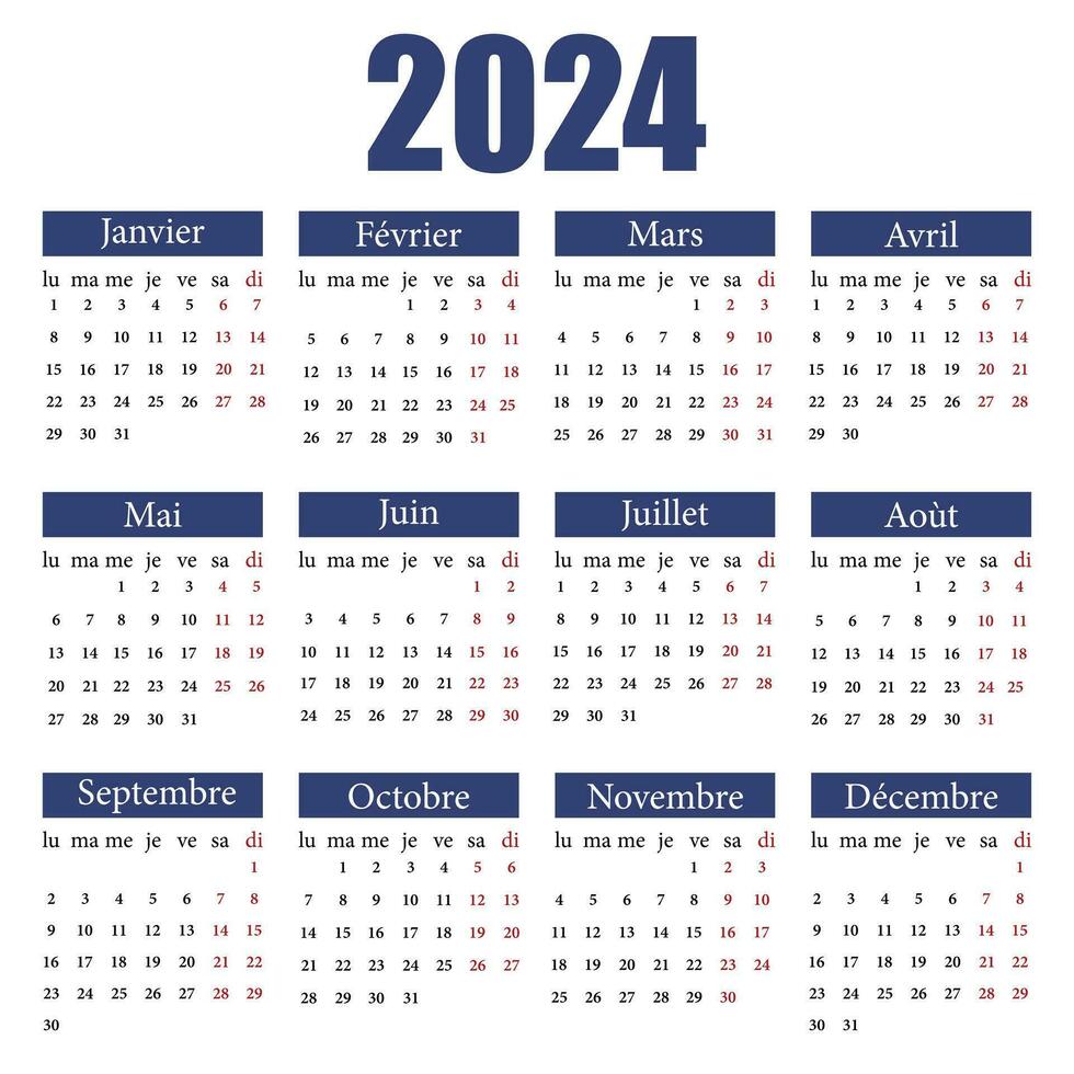 Kalender im Französisch zum 2024. das Woche beginnt von Montag. Vektor Illustration
