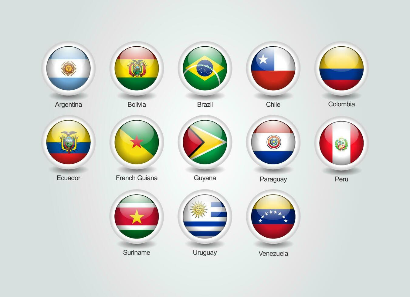 3d Flagge Symbole glänzend Kreis von Süd Amerika Länder vektor