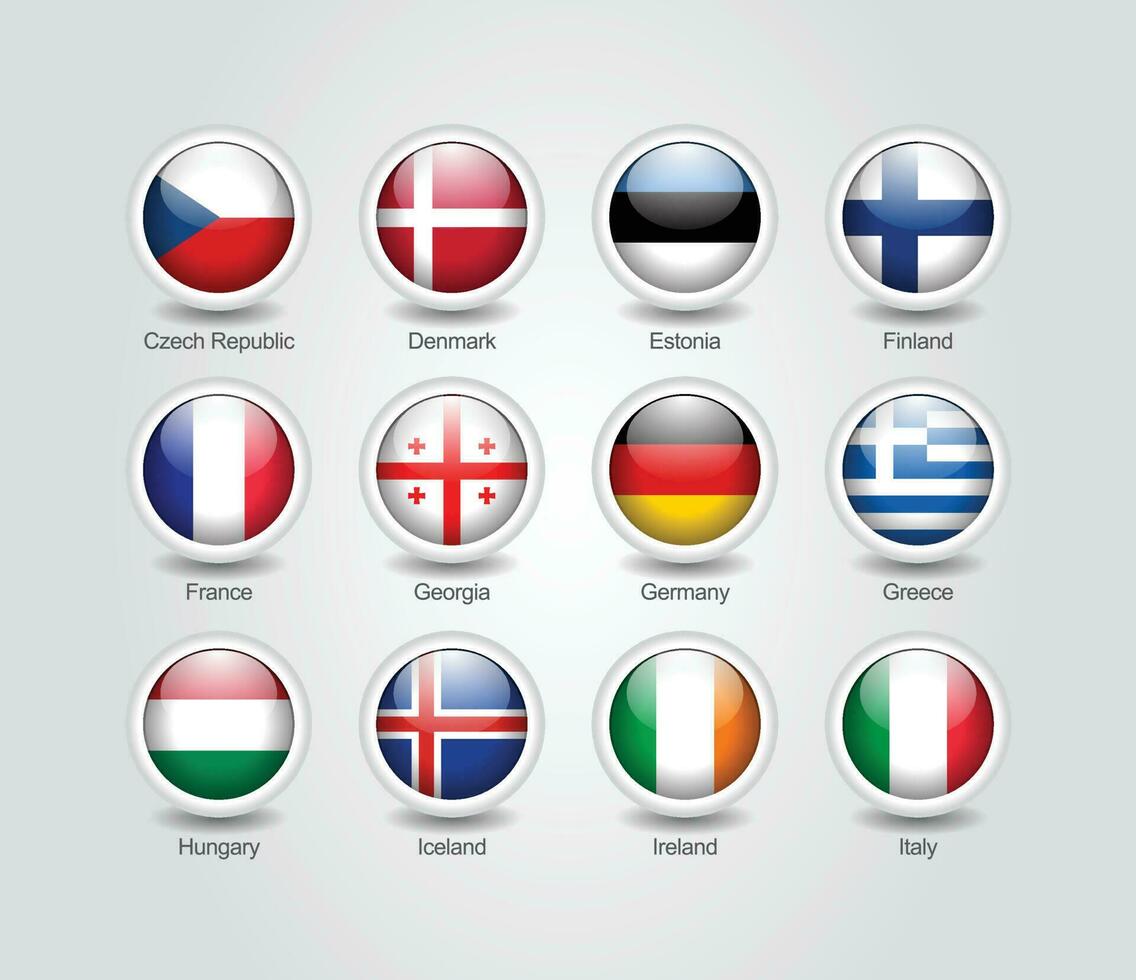 3d Flagge Symbole glänzend Kreis von Europa Länder vektor