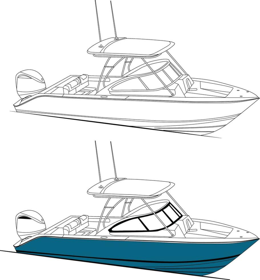 hög kvalitet linje teckning vektor fiske båt. svart, vit och Färg illustration