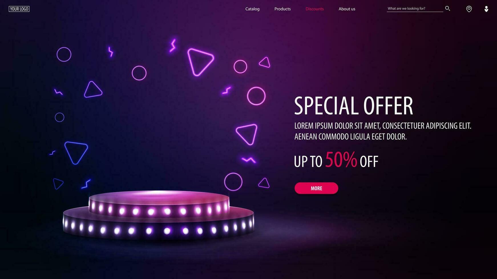 Besondere Angebot, Rabatt Banner zum Webseite mit Angebot und Podium mit Glühbirnen im leeren lila Szene vektor