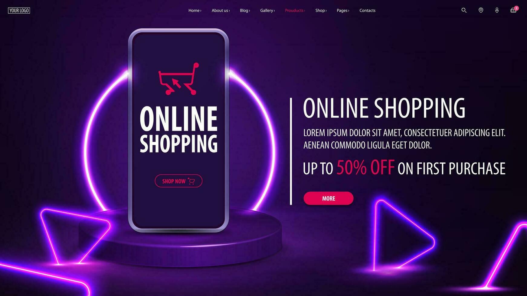 online Einkaufen, lila Rabatt Banner mit Angebot und Smartphone auf lila Podium mit Linie Neon- Ring auf Hintergrund und Neon- lila Dreiecke um. vektor