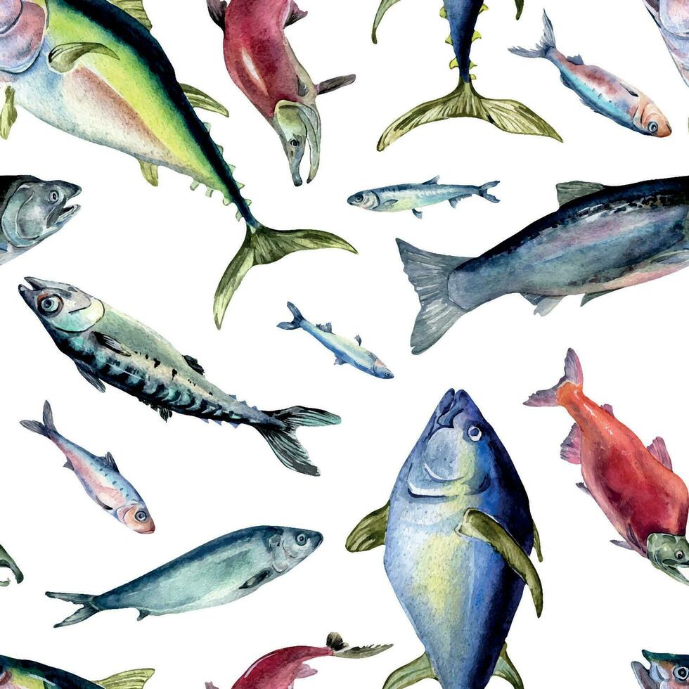 olika hav fiskar sömlös mönster vattenfärg illustration isolerat på vit. vild fisk, tonfisk, lax, sill, ansjovis hand ritade. design element för textil, förpackning, papper, omslag, bakgrund vektor
