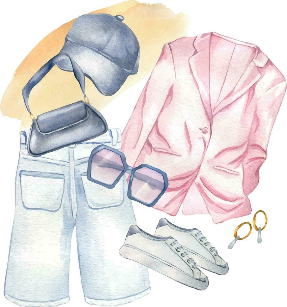 sammansättning av jacka, shorts, handväska, sneakers, solglasögon vattenfärg illustration isolerat på vit. kvinnas sommar utrusta hand ritade. design för affär, försäljning, tidskrift, förpackning, monter, mönster vektor