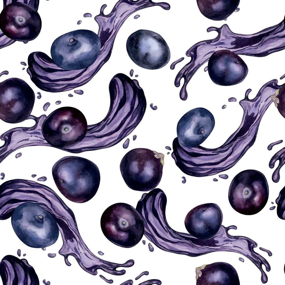 acai bär på juice stänk vattenfärg sömlös mönster isolerat på vit. exotisk amazon små lila bär, tropisk frukt hand ritade. design element för omslag, förpackning, textil, bakgrund vektor